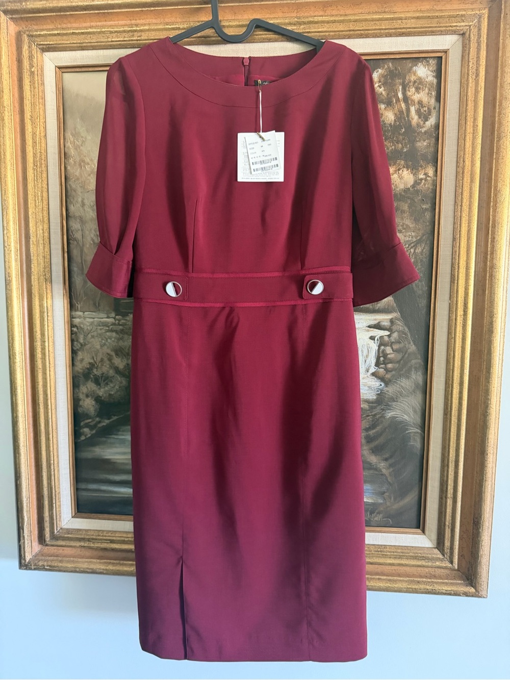 Classic Burgundy Midi Sheath Dress with Button Waist Detail